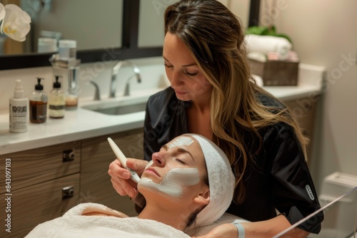 Spa Treatment: Esthetician Applying Calming Mask Post Microdermabrasion in Elegant, Serene Environment