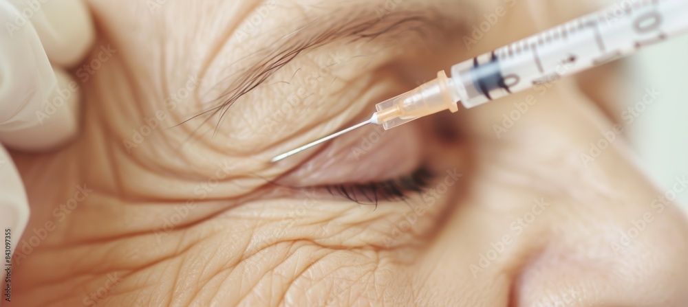 Close-Up of Botox Injection in Older Woman's Forehead with Needle and Wrinkled Skin in High Detail Close-Up of Botox Injection in Older Woman's Forehead with Needle and Wrinkled Skin in High Detail