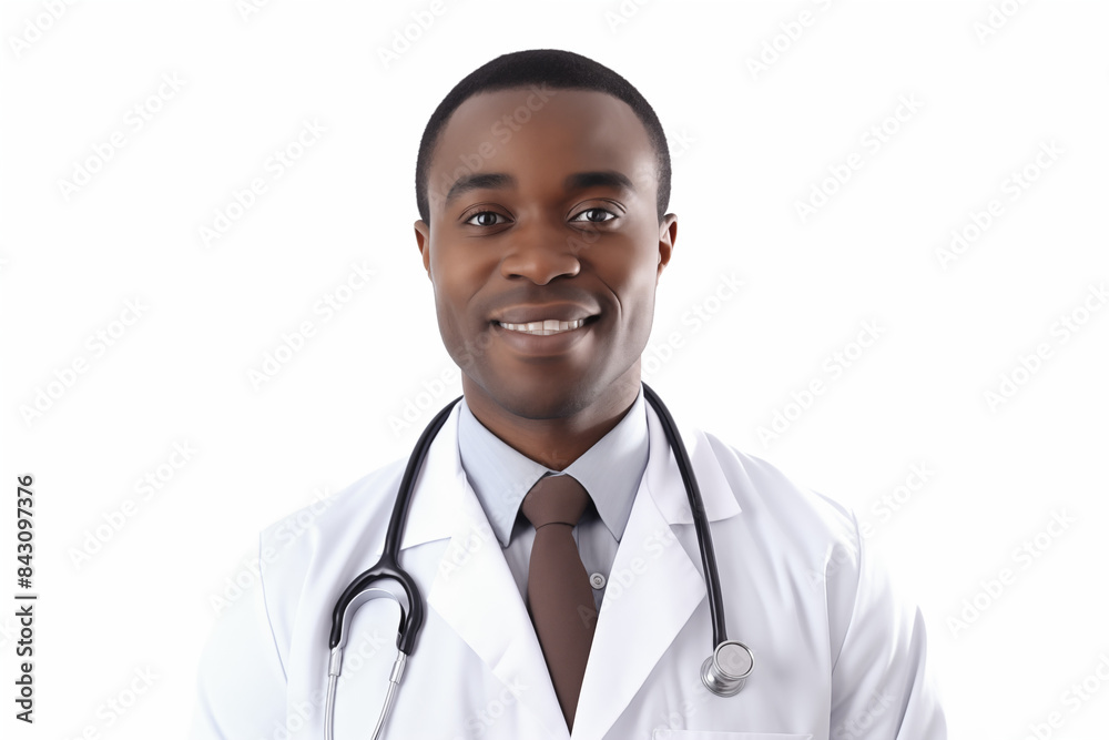 Black smiling doctor on a white background. World of Medicine. Personal care profession. Medical studies. Afro american doctor. Africa. Images for graphic designers. Image for communication. AI. Black smiling doctor on a white background. World of Medicine. Personal care profession. Medical studies. Afro american doctor. Africa. Images for graphic designers. Image for communication. AI.