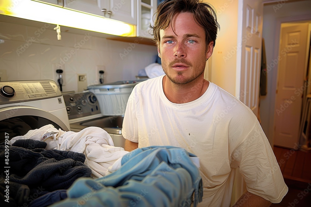 A man stands amidst laundry tasks, looking exhausted and overwhelmed A man stands amidst laundry tasks, looking exhausted and overwhelmed