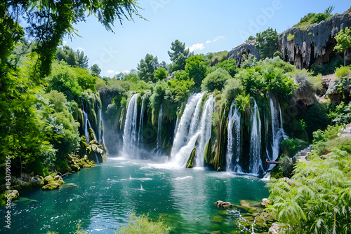  Lower Duden Falls drop off a rocky cliff falling from about 40 m into the Mediterranean Sea  Antalya  turkey