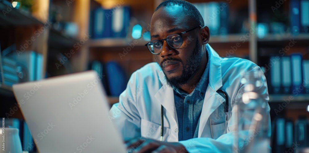 Doctor working late on laptop in laboratory