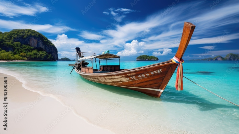 Traditional longtail boat moored on a tropical beach Traditional longtail boat moored on a tropical beach