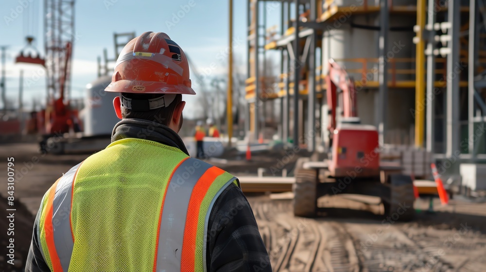 Construction worker in safety gear observing the construction site with machinery and scaffolding on a sunny day. Construction worker in safety gear observing the construction site with machinery and scaffolding on a sunny day.
