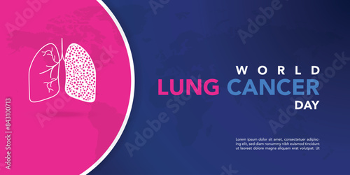 World Lung Cancer Day Poster with white cancer awareness ribbon vector. White awareness ribbon, human lungs and world map silhouette icon vector. August 1. Important day
