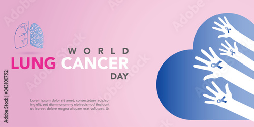 World Lung Cancer Day Poster with white cancer awareness ribbon vector. White awareness ribbon, human lungs and world map silhouette icon vector. August 1. Important day