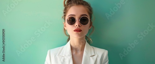 Woman wearing sunglasses against green background