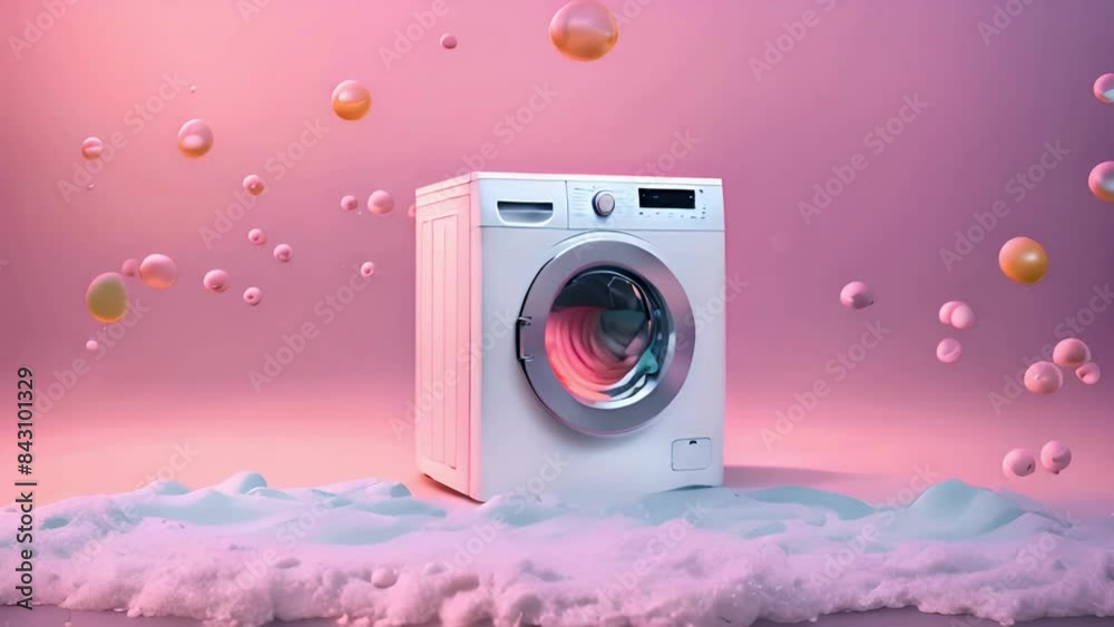 Cleaning clothes or commercial advertising style laundry machines with bubbles and wet laundry splashes