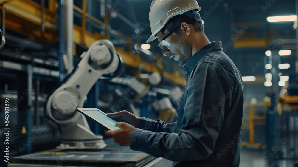 Engineer with tablet operating automation robot in modern factory for industrial production and technology innovation. Engineer with tablet operating automation robot in modern factory for industrial production and technology innovation.