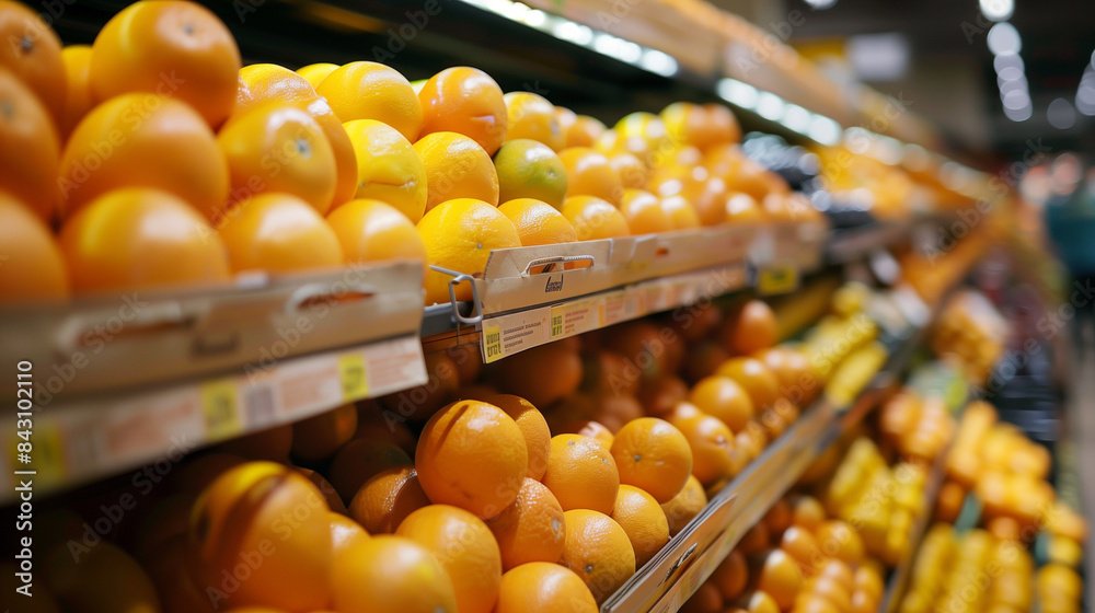 Ripe oranges displayed in rows in a supermarket Ripe oranges displayed in rows in a supermarket