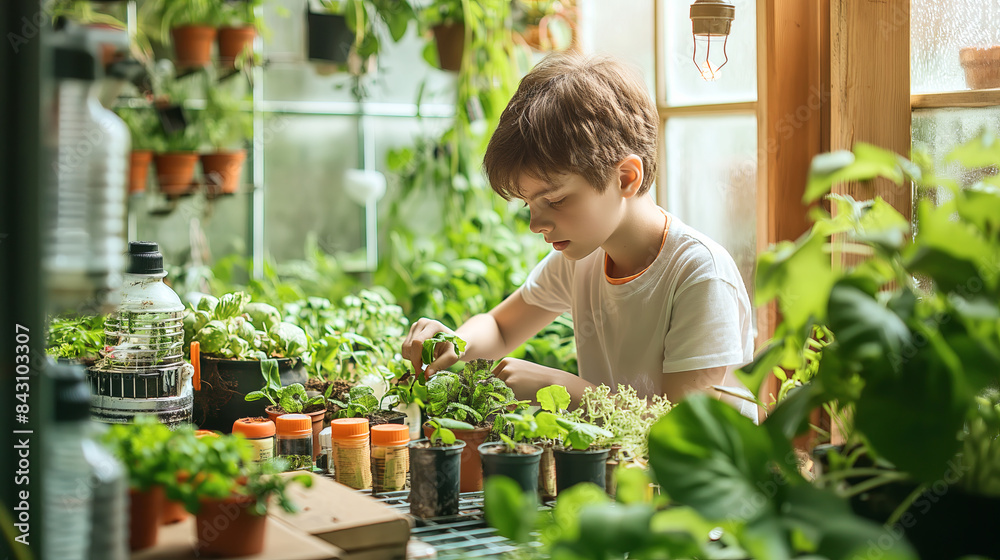 Young Boy Engaged in Indoor Gardening with Various Potted Plants Young Boy Engaged in Indoor Gardening with Various Potted Plants