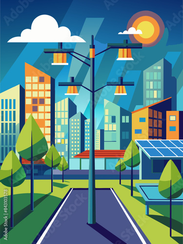 Solar-powered streetlights in an urban area vector