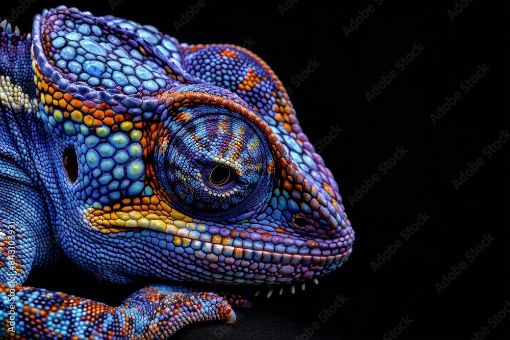 Close-up of Chameleon lizard's intricate skin patterns against a black background - reptile studies - zoology - wildlife art