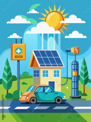 Solar energy powering an electric vehicle charging station vector