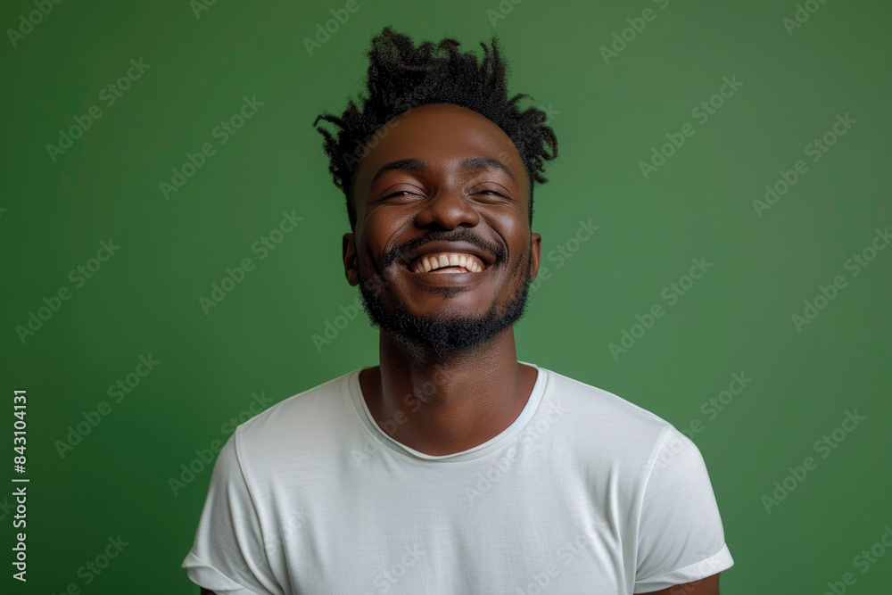 Confident African man laughing while standing against green background Confident African man laughing while standing against green background