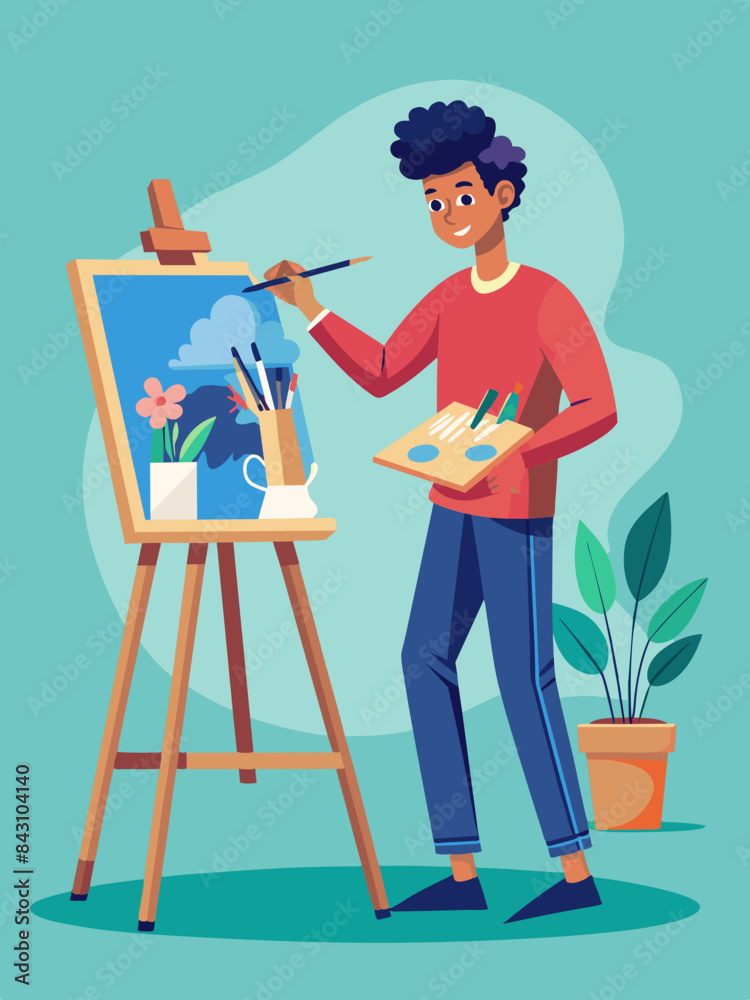 A student using an easel in art class vector A student using an easel in art class vector