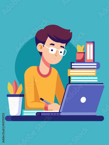 A student writing an essay on a laptop vector