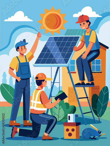 A solar panel installation team at work vector