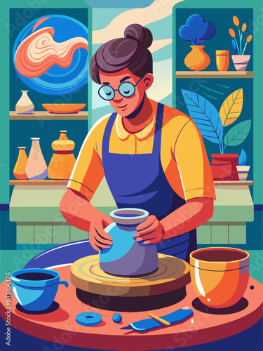 A student making a pottery piece in art class vector