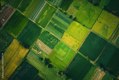 From a top view aerial photo of the countryside, the vast expanse of agricultural fields becomes evident, displaying a harmonious blend of different crops and farming techniques th