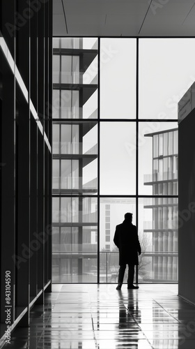 Silhouette of a Businessman in Modern Office Building Symbolizing Ambition