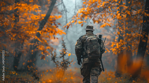 Um soldado solitário vestindo equipamento de camuflagem e uma mochila está em uma vibrante floresta de outono, cercado por folhagens de outono vívidas e condições climáticas enevoadas photo