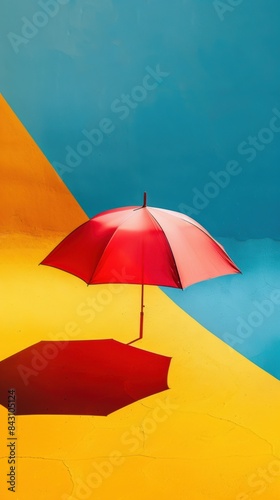 Minimalist Art  Red Umbrella on Vibrant Color Block Background with Copy Space