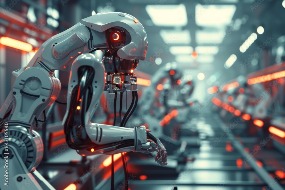 Robotic Arm Working in High-Tech Factory Production Line Robotic Arm Working in High-Tech Factory Production Line