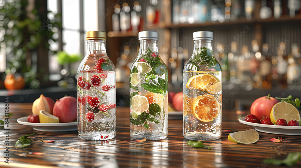 Mockup of premium tonic water bottles artisanal botanical extracts and sophisticated cocktail bar settings on an isolated minimalistic background Mockup of premium tonic water bottles artisanal botanical extracts and sophisticated cocktail bar settings on an isolated minimalistic background