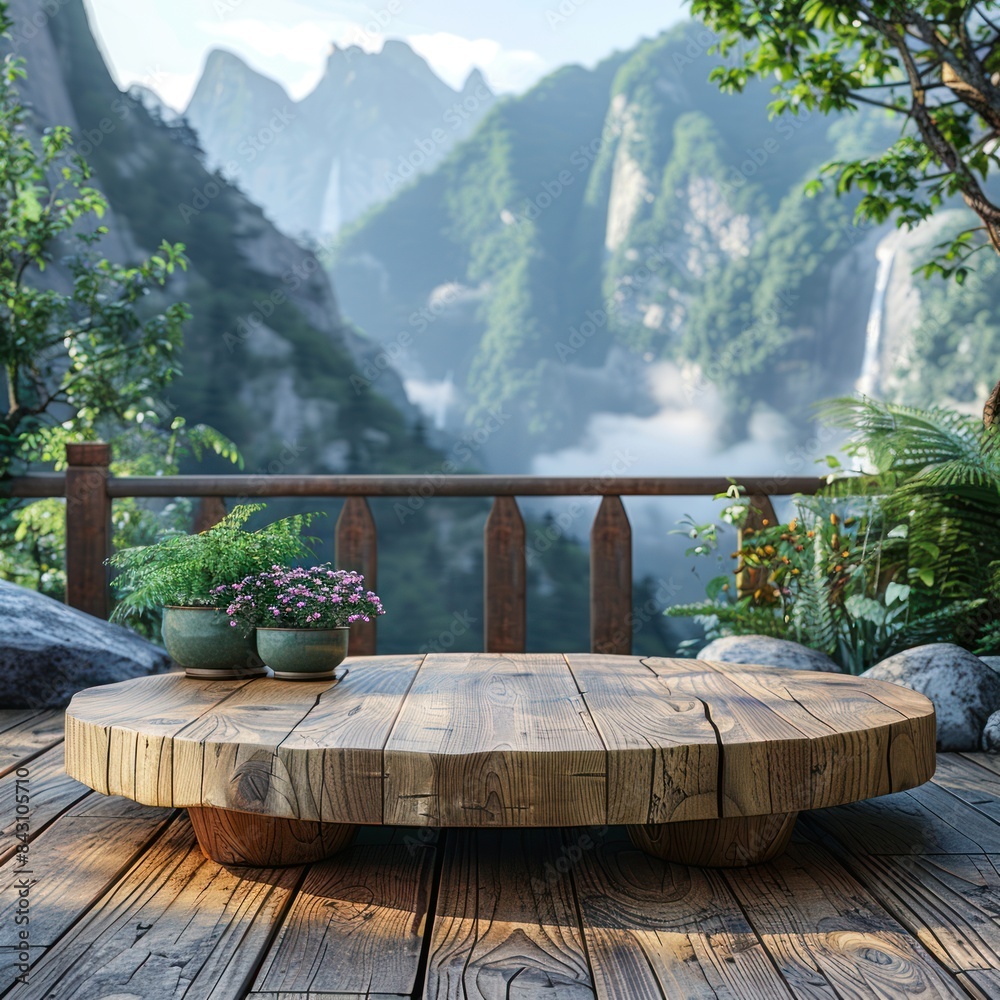 Fototapeta premium Photo of a wooden podium with nature landscape in the background for product presentation