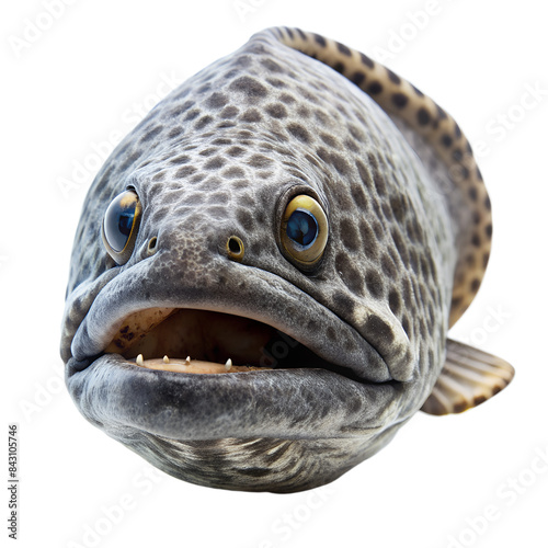 close-up of a fish wolf eel with distinctive patterns and textures on its body. The central part of the fish’s body is blurred photo