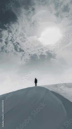 Surreal Landscape: Solitary Figure on Snowy Hill Under Dramatic Sky