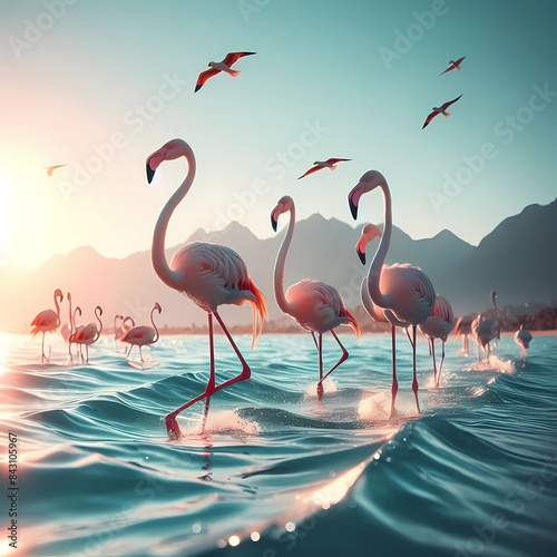 Flock of hungry flamingos in the middle of the sea flying around looking for food in the water, in groups, Generative AI
