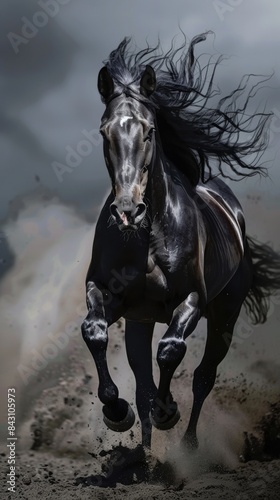 Majestic Black Stallion Running Through Dust: Power and Freedom © Rade Kolbas
