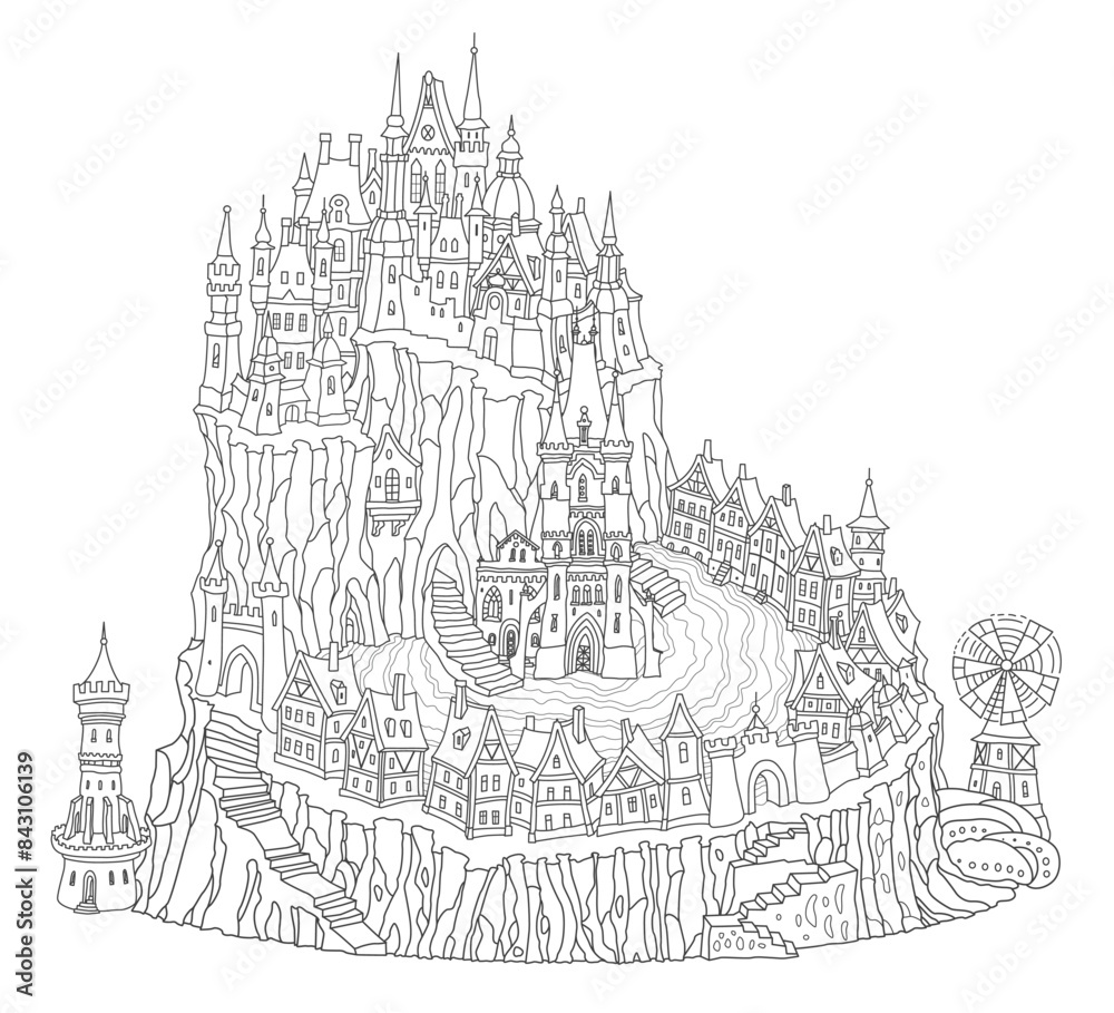 Fairy tale medieval castle and small ancient town houses. Adults and children coloring book page Fairy tale medieval castle and small ancient town houses. Adults and children coloring book page