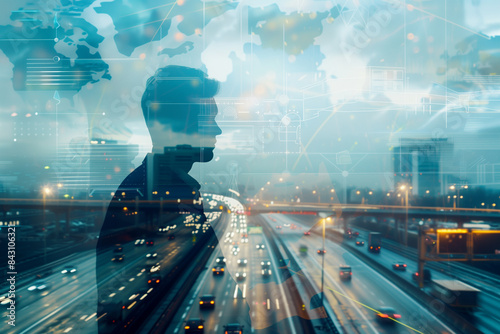 A businessman utilizing a futuristic interface  combined with a truck on a highway in a double exposure photo  demonstrates the seamless integration of global data networks and tra