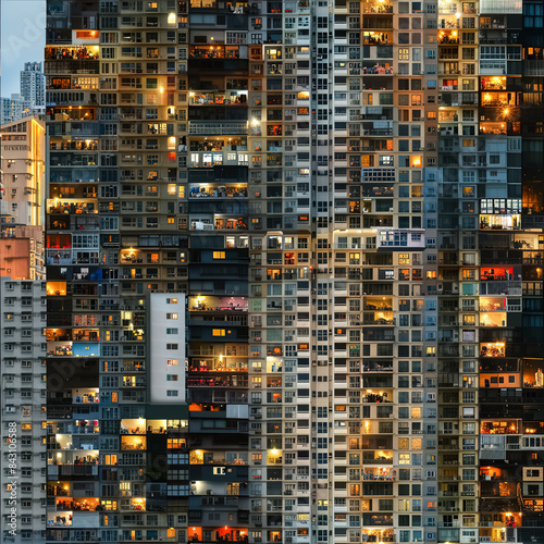 Seamless pattern of the facade of a modern high-rise building with balconies  windows and loggias at night