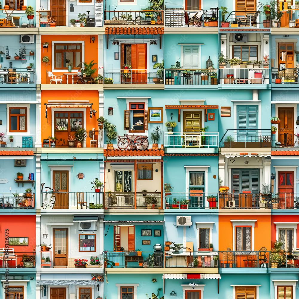 Seamless pattern of the facade of a modern high-rise building with balconies, windows and loggias Seamless pattern of the facade of a modern high-rise building with balconies, windows and loggias