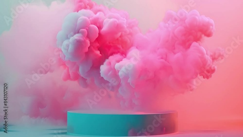 Creative product display background. Neon podium and pink heart shaped smoke around