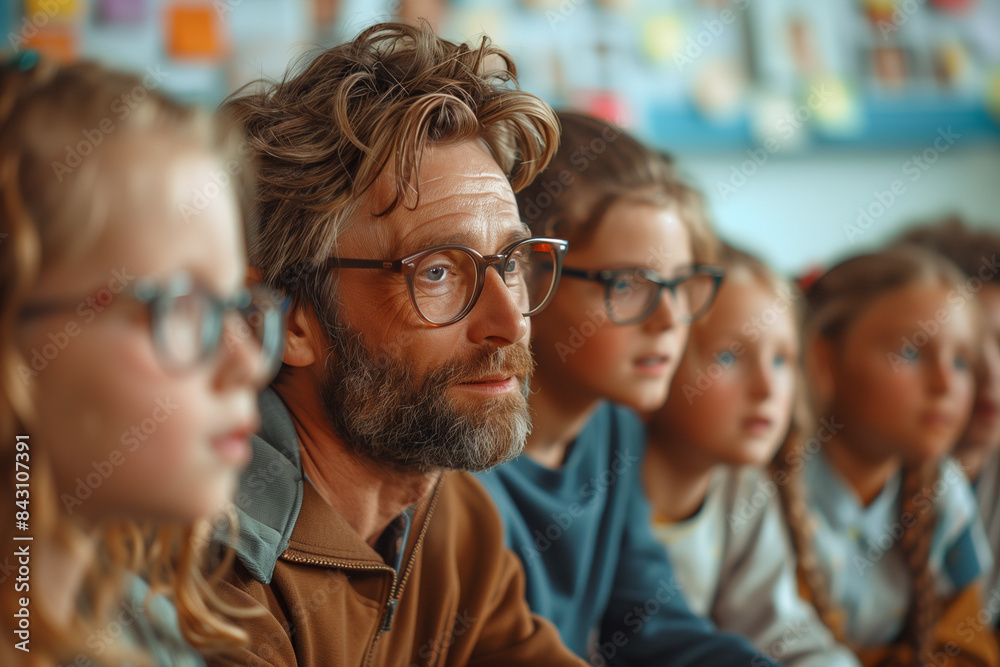 Fototapeta premium Man and Children Listening Attentively in Classroom Setting
