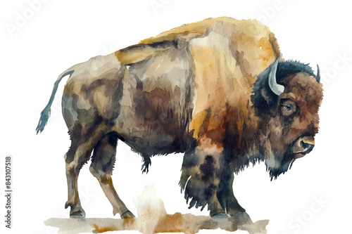 Bison. Vivid watercolor depiction. Roaming against a clean white background. Artistic portrayal of the Great Plains' icon. Abstract strokes merge with hints of lifelike detail. photo