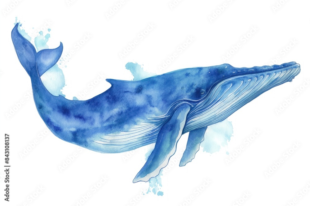 Whale. Vivid watercolor depiction. Drifting against a clean white backdrop. Artistic interpretation of the ocean's majestic creature. Abstract strokes merge with hints of lifelike detail. Whale. Vivid watercolor depiction. Drifting against a clean white backdrop. Artistic interpretation of the ocean's majestic creature. Abstract strokes merge with hints of lifelike detail.