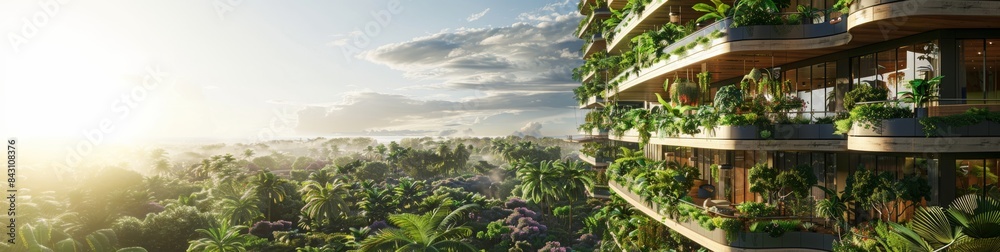 Fototapeta premium Luxurious green urban balcony with plants. A luxurious urban balcony filled with lush green plants, overlooking a scenic forest landscape in a modern setting. Banner with copy space
