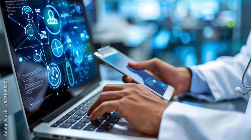 Doctor using technology to analyze patient data Doctor using technology to analyze patient data