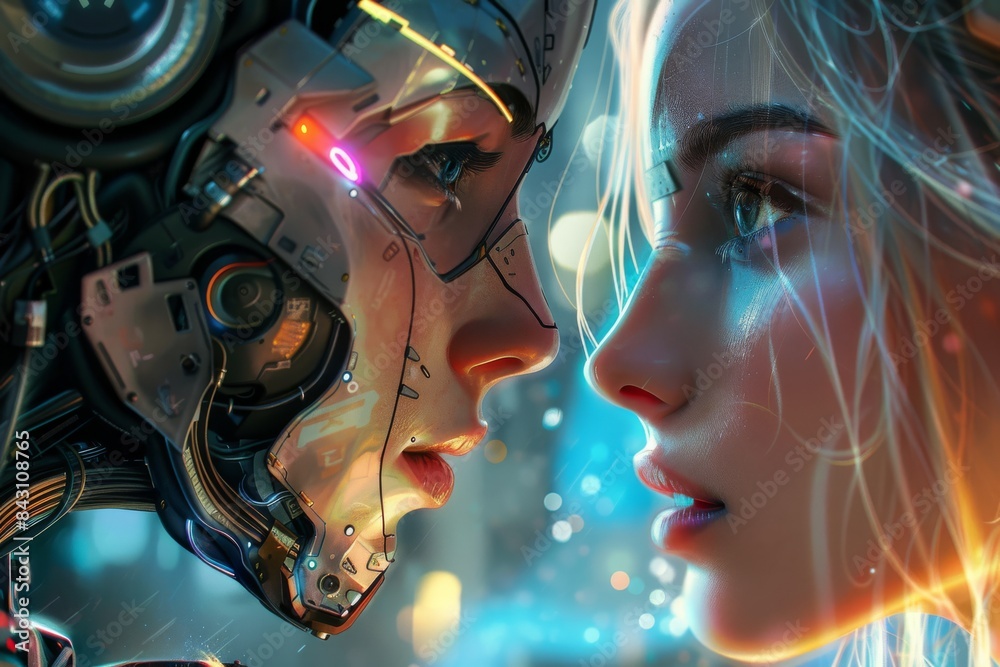 Human and Cyborg Intimacy in Futuristic Neon Setting Human and Cyborg Intimacy in Futuristic Neon Setting