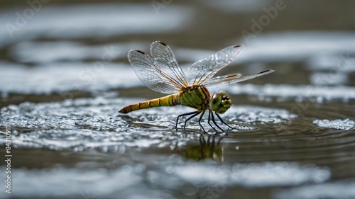 A dragonfly hovering over water, its wings frozen mid-flight.