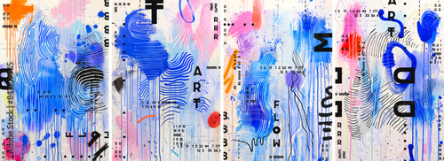 An abstract set poster featuring dynamic slanted lines and splattered paint in varying shades of blue, orange, and black. Curvilinear shapes create a bold painting with vibrant hues of blue and pink.