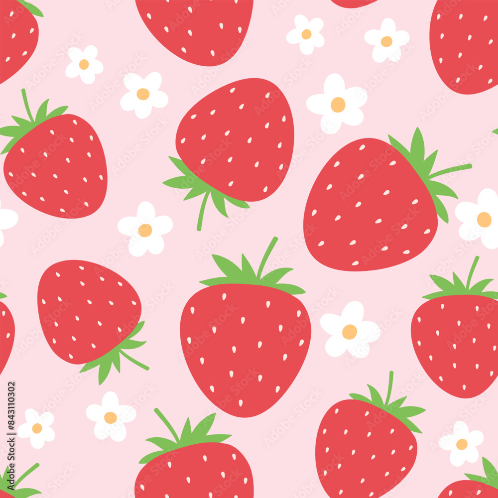Seamless pattern with strawberry and flowers. Fruits vector illustration on pink background. It can be used for wallpapers, wrapping, cards, patterns for clothing and others. Seamless pattern with strawberry and flowers. Fruits vector illustration on pink background. It can be used for wallpapers, wrapping, cards, patterns for clothing and others.