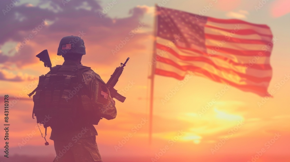 Illustration of a Soldier standing and a US flag in front, on a sunrise background concept. Ai generated image Illustration of a Soldier standing and a US flag in front, on a sunrise background concept. Ai generated image