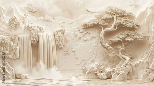 Beautiful landscapes 3d relief wallpaper. Mural wallpaper. Wall art. AI generated illustration